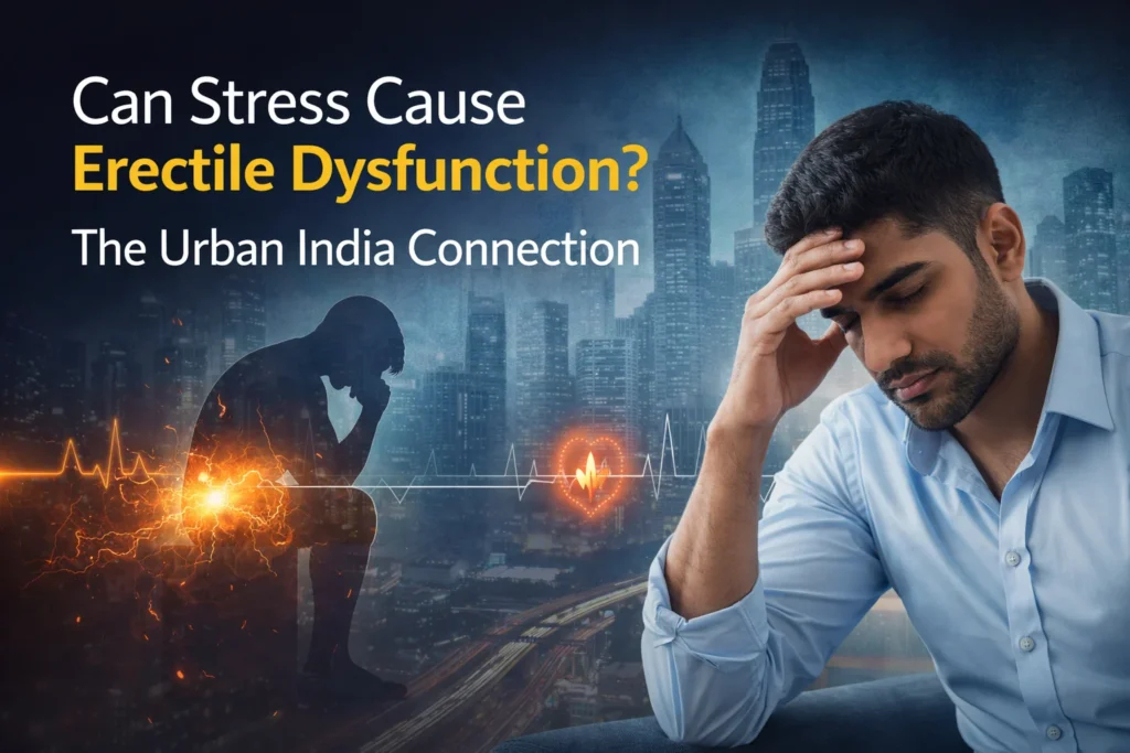 Stressed Indian man holding his head against a city skyline background with heartbeat line graphic, illustrating the connection between urban stress and erectile dysfunction in modern India.